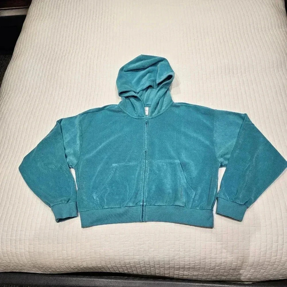 Aritzia TNA Boyfriend Terry Zip Up Aqua Size Medium - Picture 6 of 10